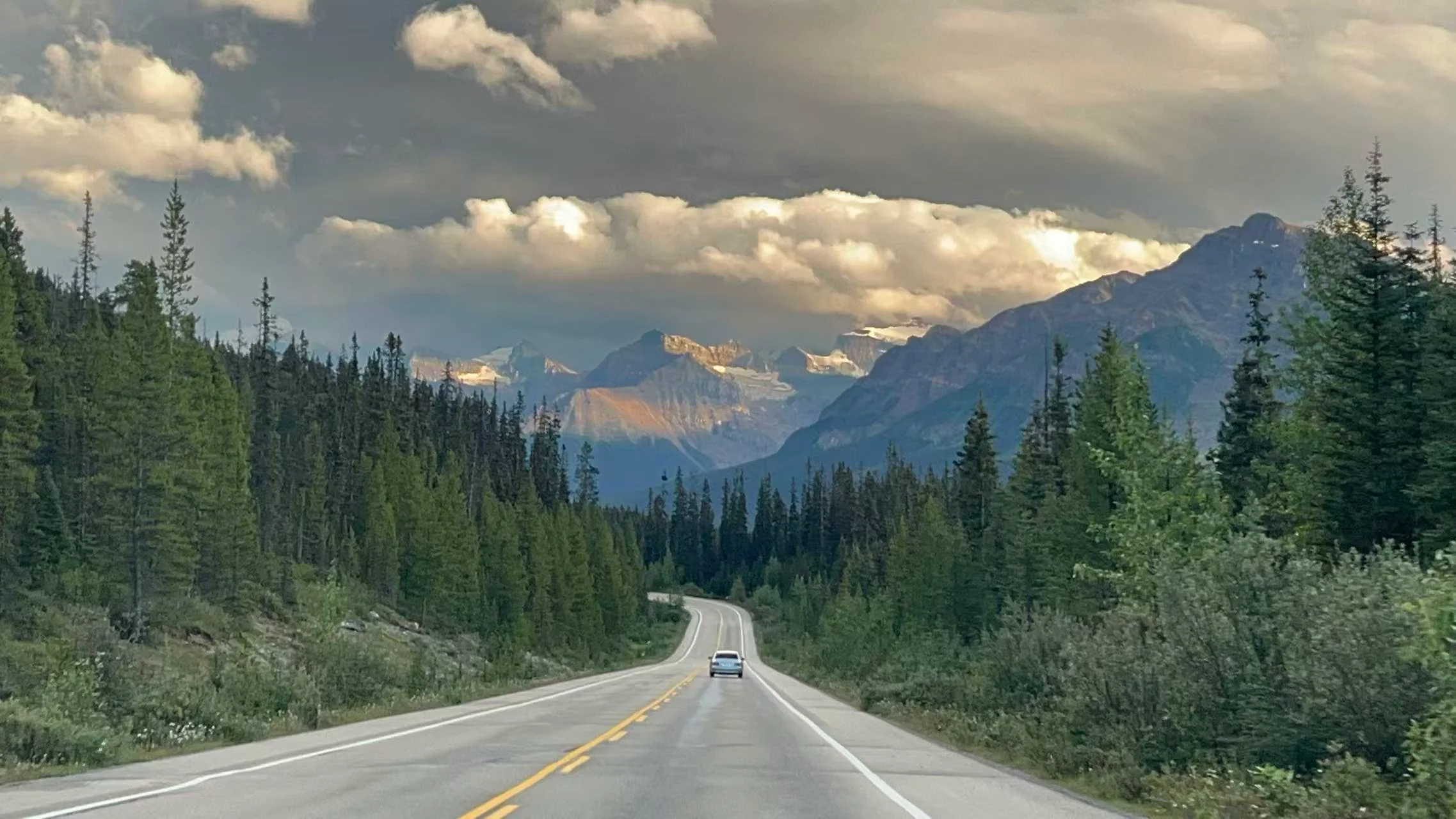 Road through forested mountains beneath evening clouds.
