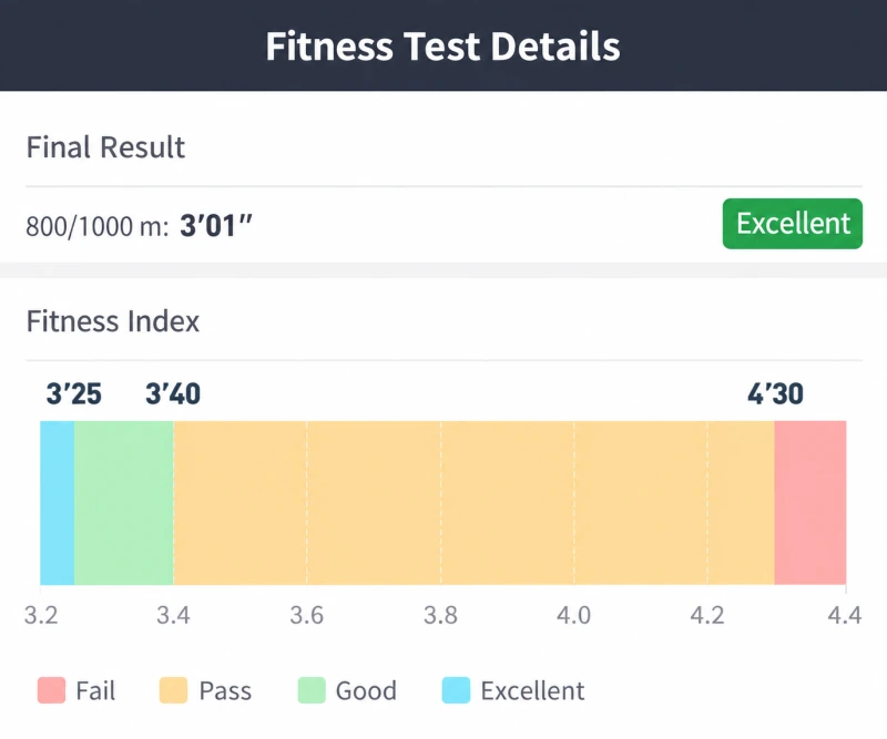 English running test report: 3 minutes 01 second for my 1000 m run, rated Excellent. The source image uses the shared 800/1000 m event label.