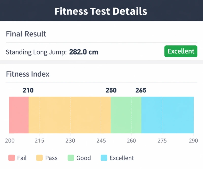 English standing long jump test report: 282.0 centimetres, rated Excellent. The original report's chart and rating legend are preserved.